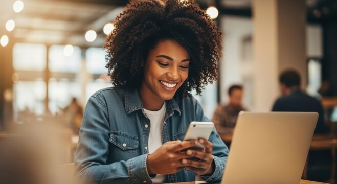 Young woman smiling while using her smartphone and laptop in a cafe