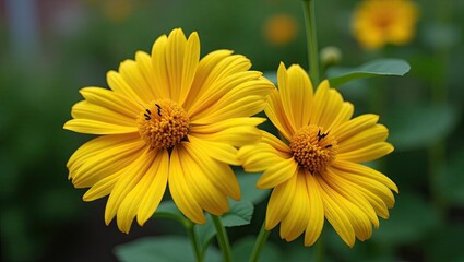 Obraz premium Two vibrant yellow flowers in a garden setting.