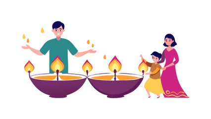 Diwali festival celebration with family lighting diyas traditional hindu holiday vector illustration design