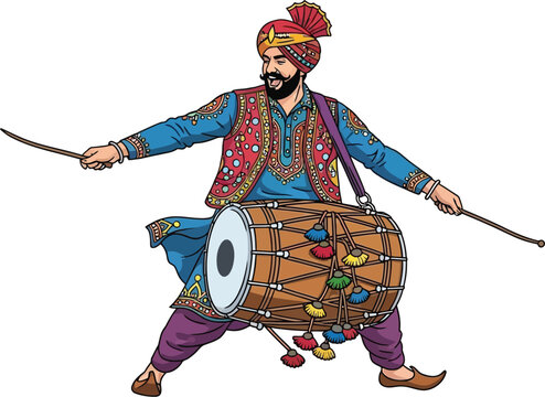 Vibrant Punjabi musician energetically plays traditional dhol drum at festival