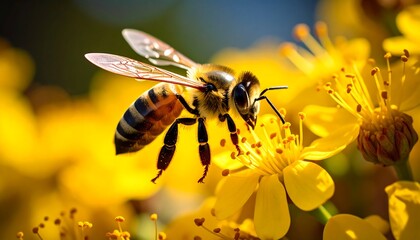 A honeybee in flight, collecting pollen from bright yellow flowers
