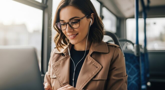 Young woman with glasses and headphones on a bus using a laptop