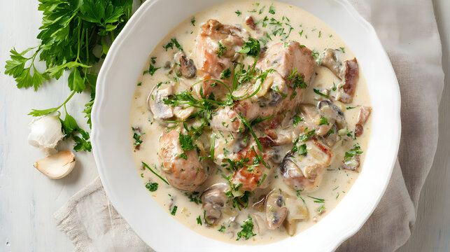 Delicious Chicken Fricassee with Tarragon and Mushrooms in Creamy Sauce on Rustic White Table