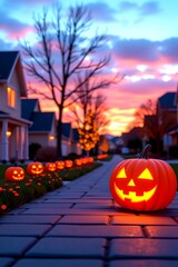 Obraz premium A festive Halloween scene with glowing jack-o'-lanterns lining a sidewalk, illuminated by a vibrant sunset and quaint houses in the background
