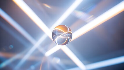Glass sphere reflecting light beams in a dark abstract space crystal ball reflection