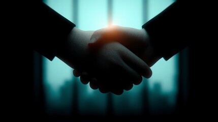 Two business people shaking hands in a dimly lit room with a bright light behind them