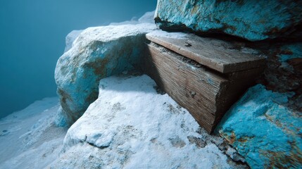Weathered wooden planks rest on rough snow dusted blue rocks in muted daylight