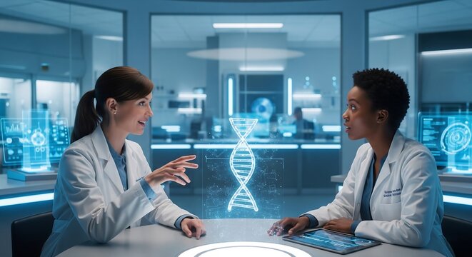 Two female scientists discuss DNA. High-tech lab setting with holographic screens. Medical research, future technology, collaboration.