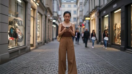 Young asian woman standing on a cobblestone street in a european city, looking at her smartphone - Powered by Adobe