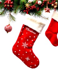 A Festive Christmas stocking decoration with ornaments and garlands to set the holiday mood.