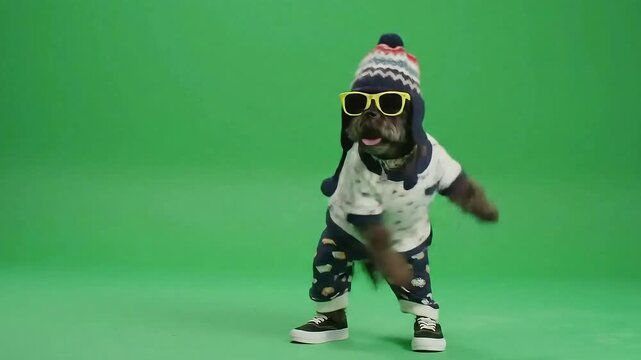 Funny dog dancing with hat and sunglasses on green screen background studio footage