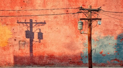 Utility pole casts shadow on colorful wall