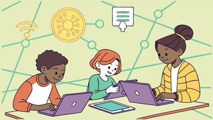 Diverse students collaborate on laptops in a connected classroom learning environment online for education