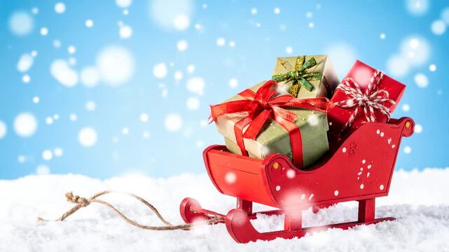 Red toy sleigh carries gifts on snow, against a blue, snowy backdrop
