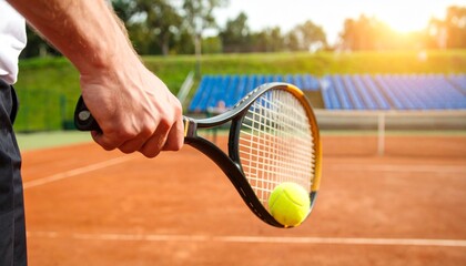 Sports action close-up showing tennis player’s hand gripping racket, yellow ball at moment of contact, warm sunlight