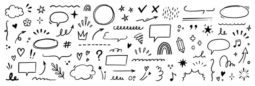 Line brush heart vector set. Hand drawn sketch doodle style arrow, cloud, star with marker stroke pencil highlight. Cute handwritten crown, heart, star line brush art design. Vector illustration