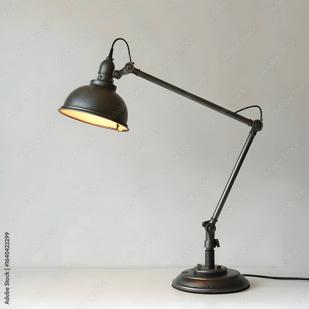Poster stylish black desk lamp with adjustable arm illuminating a minimalist workspace in soft light