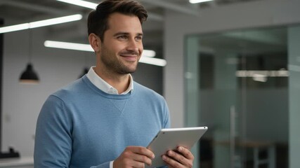 A focused businessman confidently holds and looks at a tablet computer while standing in a modern office environment, symbolizing technology and connectivity - Powered by Adobe