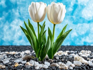 Two White Tulips Against a Blue Sky
