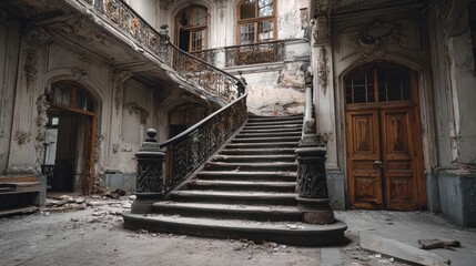 Naklejka premium Grand, decaying staircase in an abandoned mansion
