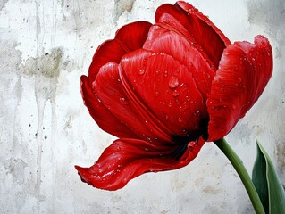 Red Tulip with Dew Drops on Grunge Background