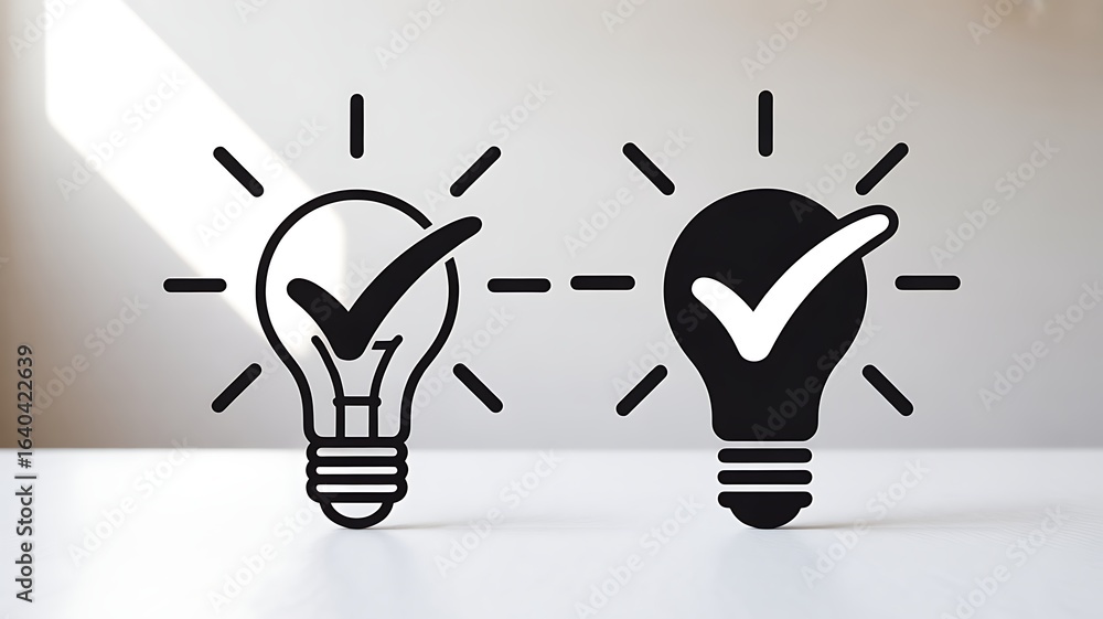 Poster lightbulb icons with checkmarks on a light surface with shadows idea concept