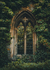 A stunning sunlit gothic arch window door with intricate stained glass, set in an enchanting old garden building surrounded by lush greenery, capturing the essence of historical architecture.