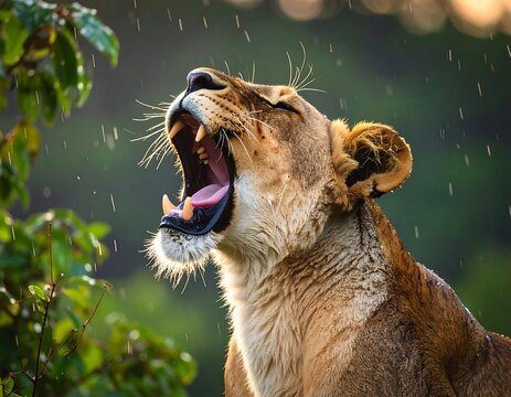 Majestic lioness yawning in the pouring rain, showing power and beauty of nature