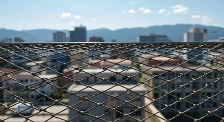 Chain-link fence with blurred cityscape and distant mountains