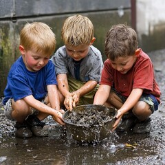 Three Boys Playing in a Puddle with a Bowl of Mud