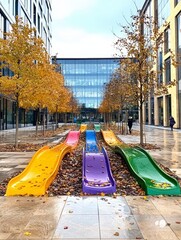 Colorful Slides in Autumnal Urban Courtyard.
