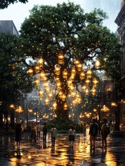 Children Watching Illuminated Tree in Rainy City Street