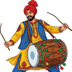 Obraz premium Vibrant Punjabi musician plays dhol drum with energetic flair