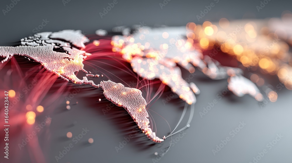Poster a digital representation of a world map, highlighted with glowing lines and nodes, symbolizing globa