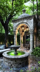 Tranquil Courtyard Fountain with Stone Gazebo.