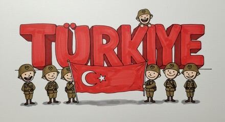Turkey’s Spirit of Unity: The word Turkey is emblazoned in bold, welcoming visitors to this vibrant nation, while the iconic flag is proudly displayed by a collection of cartoon soldiers.
