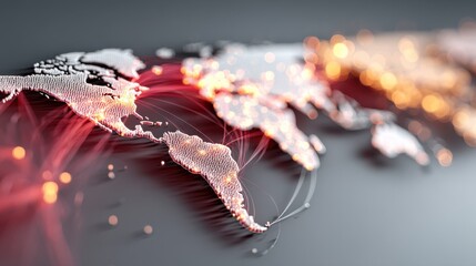 A digital representation of a world map, highlighted with glowing lines and nodes, symbolizing global connectivity and data flow.