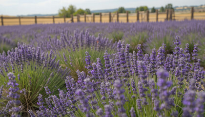 Breathtaking field of vibrant purple lavender flowers stretching towards a rustic wooden fence under a soft sky, evoking serenity and natural beauty