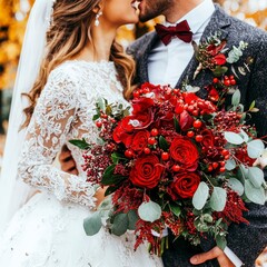 Bride and Groom Kissing with Red Wedding Bouquet