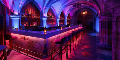 Vibrant Bar with Glowing Lights and High Stools for a Lively Nightlife Experience

