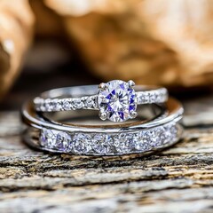 Diamond Engagement and Wedding Ring Set on Wood