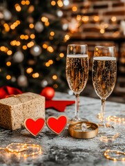 Romantic Christmas Engagement Champagne, Rings, and Hearts.