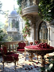 Romantic Balcony Scene with Ornate Furniture and Rose Petals.