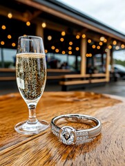 Champagne and Diamond Ring on Wooden Table.