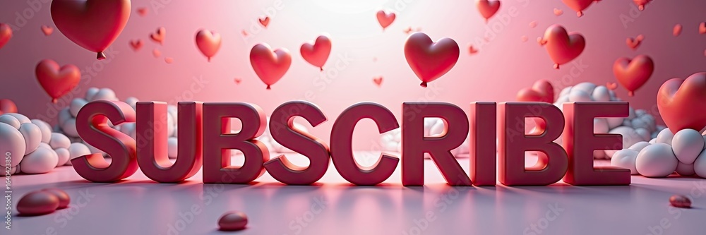 Poster 3d rendered text subscribe surrounded by hearts and clouds.