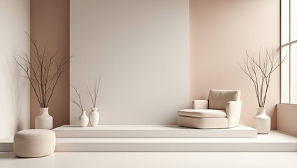 Modern, minimalist living room interior scene with neutral tones.