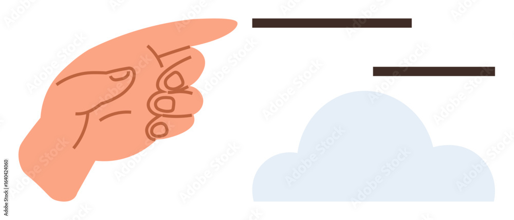 Poster hand pointing at a cloud with minimal lines suggesting movement or focus. ideal for navigation, dire