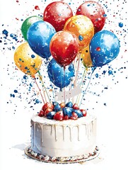 Festive Birthday Cake with Colorful Balloons