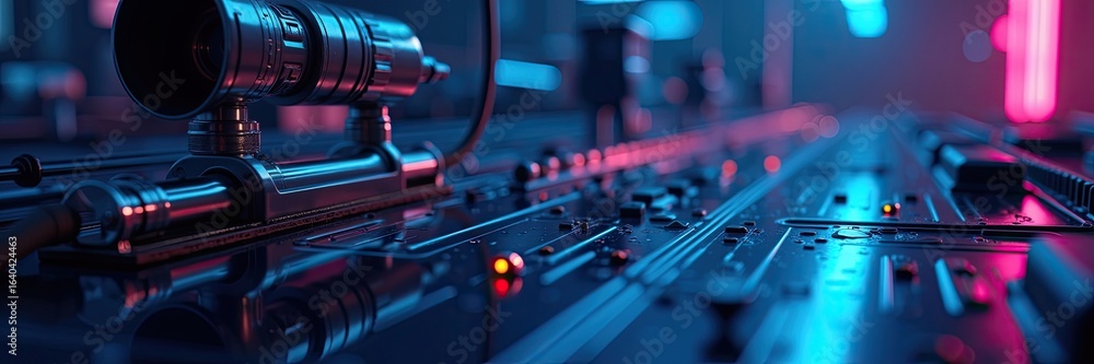 Poster close-up view of a futuristic circuit board assembly.