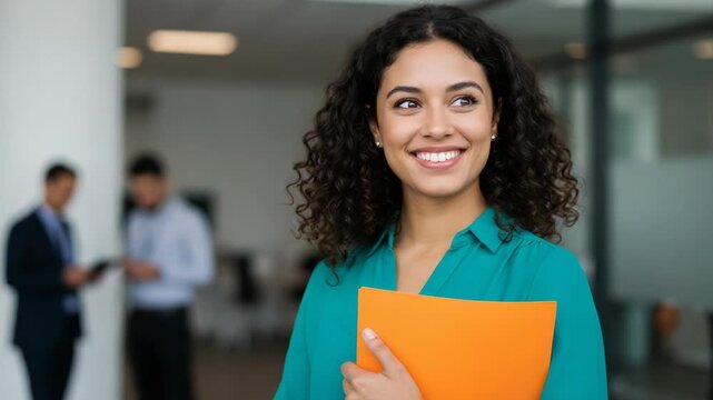 Smiling professional businesswoman holding a folder in a modern office environment with colleagues in the background
